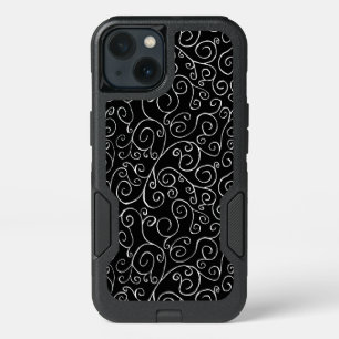 Intricate Painted White Curvy Pattern on Black iPhone 13 Case