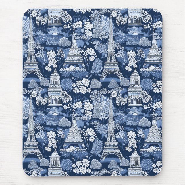 Intricate Parisian Blue Toile patterned Mouse Pad (Front)