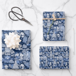 Intricate Parisian Blue Toile patterned Wrapping Paper Sheets
