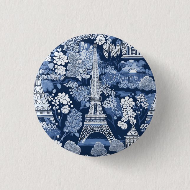 Intricate Parisian Eiffel Tower Blue Toile badge Button (Front)