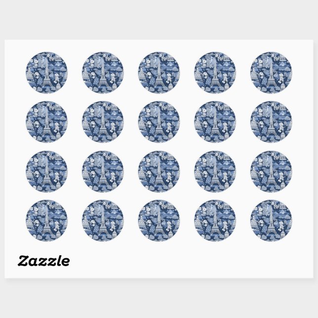 Intricate Parisian Eiffel Tower Blue Toile Classic Round Sticker (Sheet)