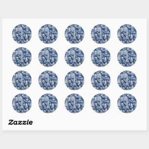 Intricate Parisian Eiffel Tower Blue Toile Classic Round Sticker