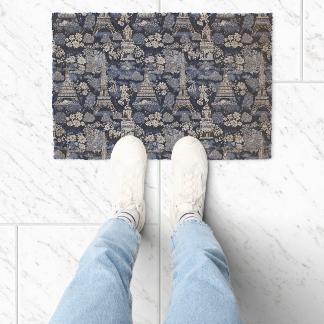 Intricate Parisian Eiffel Tower Blue Toile Fiber Doormat (Insitu)