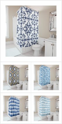 Intricate pattern blue and gold shower curtains