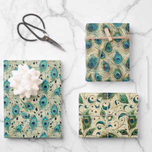 Intricate Peacock Feather Vintage Motif Wrapping Paper Sheets