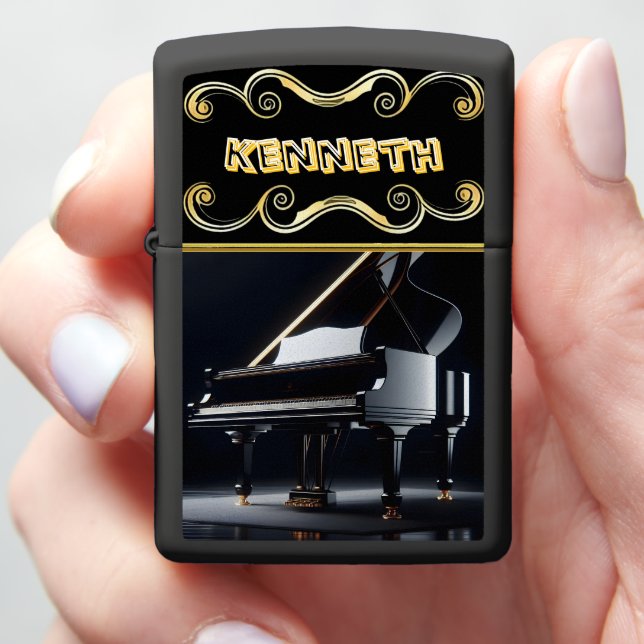 Intricate Piano Art on Sleek Black Zippo Lighter (In Hand)