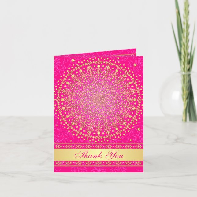 Intricate Pink, Gold Scrolls, Stars Thank You Card (Front)