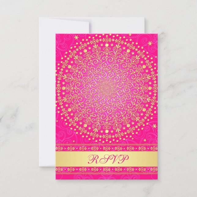 Intricate Pink, Gold Scrolls Wedding RSVP Card (Front)