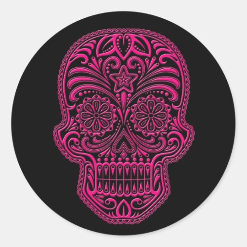 Intricate Pink Sugar Skull on Black Classic Round Sticker