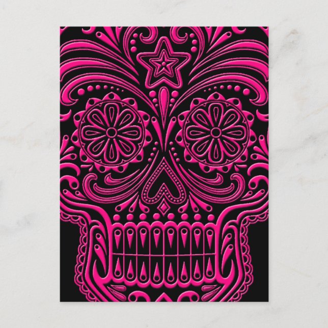 Intricate Pink Sugar Skull on Black Postcard (Front)