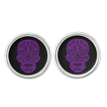 Intricate Purple And Black Sugar Skull Cufflinks by JeffBartels at Zazzle