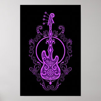 Intricate Purple Bass Guitar Design on Black Poster