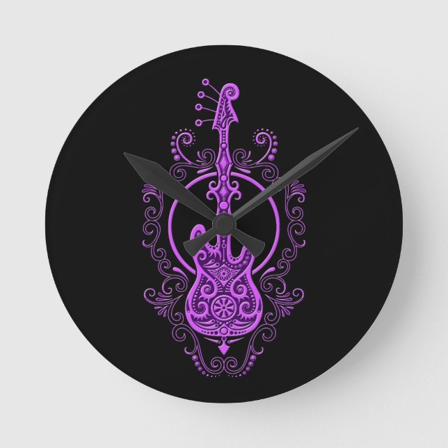 Intricate Purple Bass Guitar Design on Black Round Clock (Front)