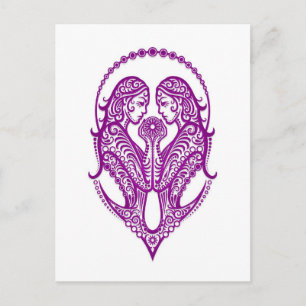 Intricate Purple Gemini Zodiac on White Postcard
