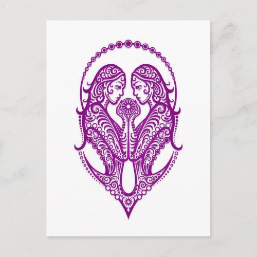 Intricate Purple Gemini Zodiac on White Postcard