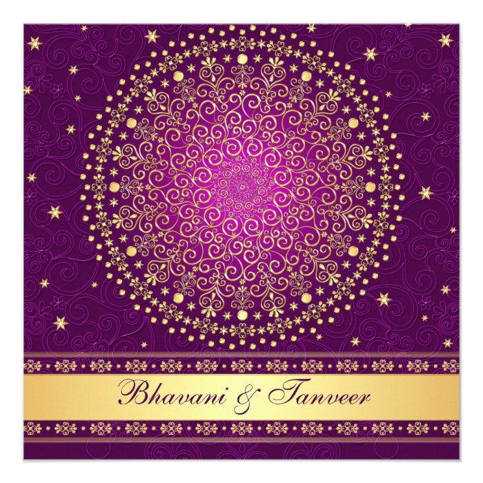 Intricate Purple Gold Scrolls Stars Wedding Invite