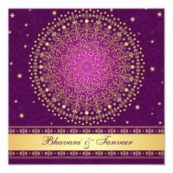 Intricate Purple Gold Scrolls Stars Wedding Invite