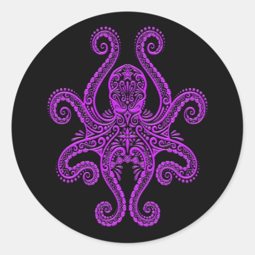 Intricate Purple Octopus on Black Classic Round Sticker