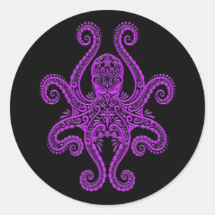 Intricate Purple Octopus on Black Classic Round Sticker