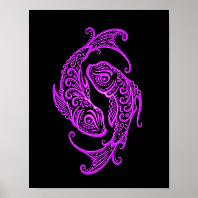 Intricate Purple Pisces Zodiac on Black Poster (Front)