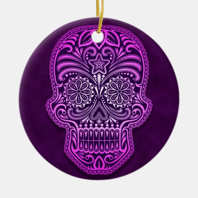Intricate Purple Sugar Skull Ceramic Ornament (Front)