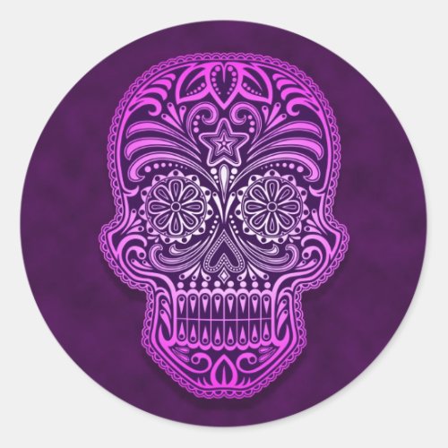 Intricate Purple Sugar Skull Classic Round Sticker
