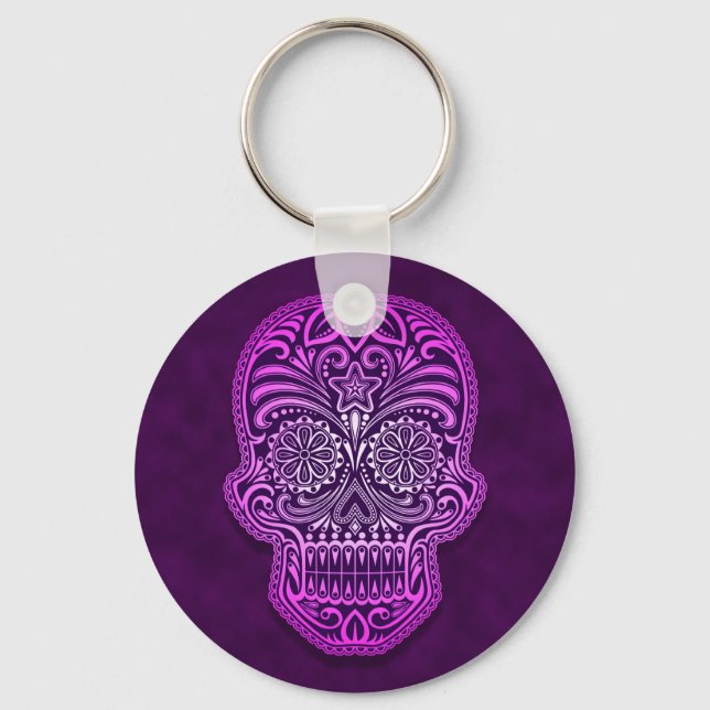 Intricate Purple Sugar Skull Keychain (Front)