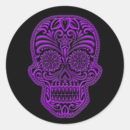 Intricate Purple Sugar Skull on Black Classic Round Sticker