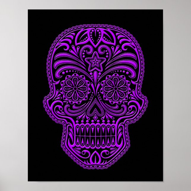 Intricate Purple Sugar Skull on Black Poster (Front)