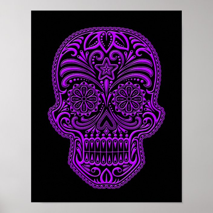 Intricate Purple Sugar Skull on Black Poster | Zazzle.com