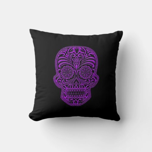 Intricate Purple Sugar Skull on Black Throw Pillow