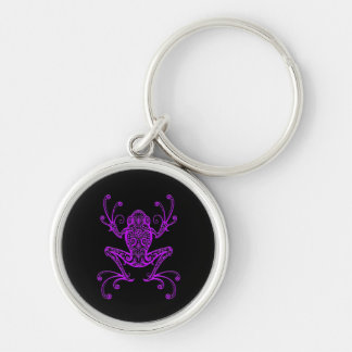 Intricate Purple Tree Frog on Black Keychain