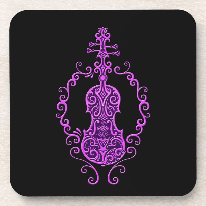 Intricate Purple Violin Design on Black Drink Coaster