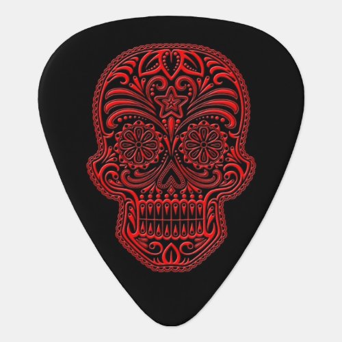 Intricate Red and Black Sugar Skull Guitar Pick