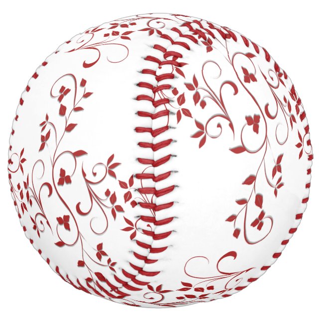 Intricate Red Floral Vines Softball (Angled)