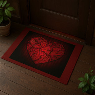 Intricate Red Mandala Heart Romantic Boho Pattern Doormat