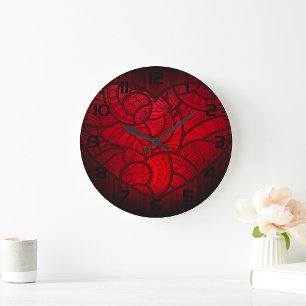 Intricate Red Mandala Heart Romantic Boho Pattern Large Clock