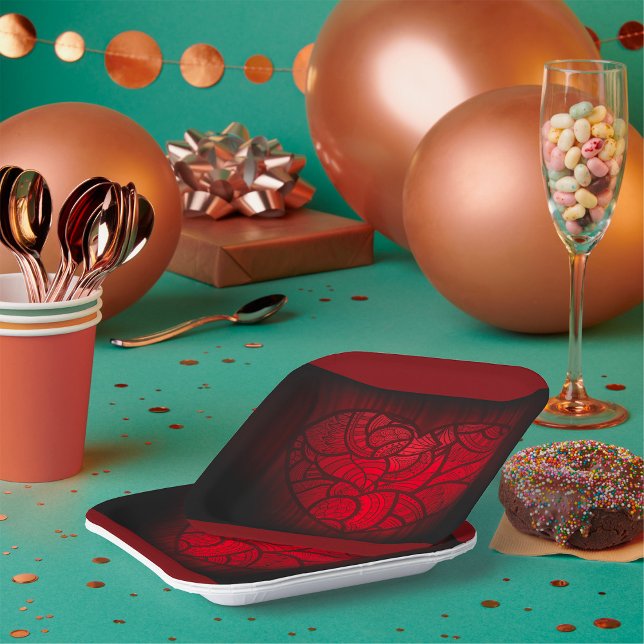 Intricate Red Mandala Heart Romantic Boho Pattern  Paper Plates (Creator Uploaded)