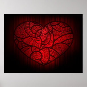 Intricate Red Mandala Heart Romantic Boho Pattern Poster