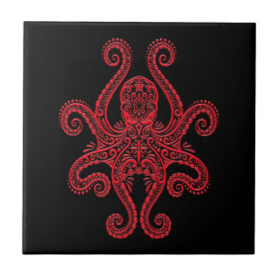 Intricate Red Octopus on Black Ceramic Tile