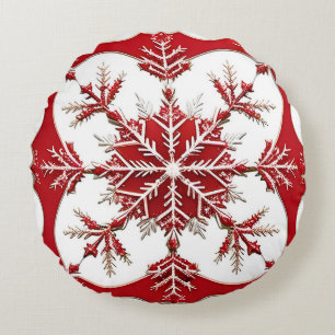 Intricate Red Snowflake Design Round Pillow