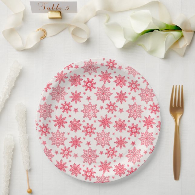 Intricate Red Snowflake Pattern Paper Plates (Wedding)