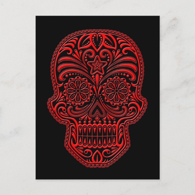 Intricate Red Sugar Skull on Black Postcard (Front)