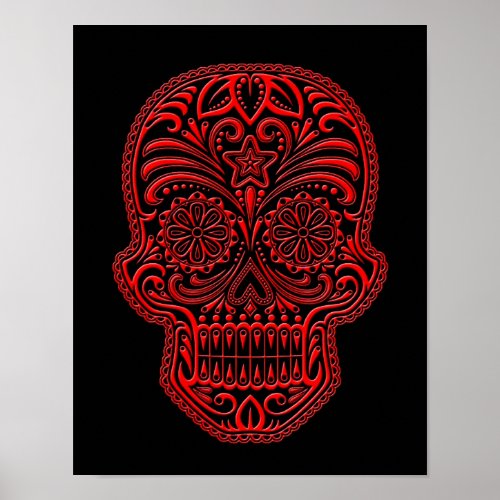 Intricate Red Sugar Skull on Black Poster
