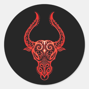 Intricate Red Taurus Zodiac on Black Classic Round Sticker