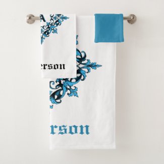 Intricate Regal Framed Monogram, Blue and Black Bath Towel Set