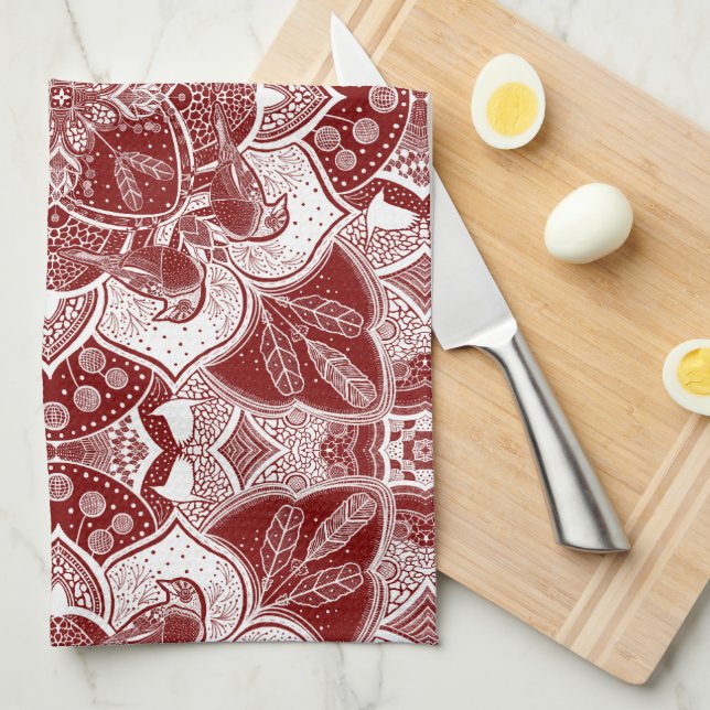 Intricate Robins Bird Mandala Hand-Drawn Kitchen Towel (Quarter Fold)