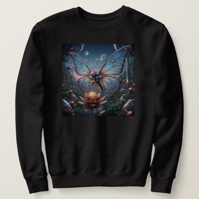 Intricate Robot Butterfly on Steampunk Lotus Sweatshirt (Design Front)