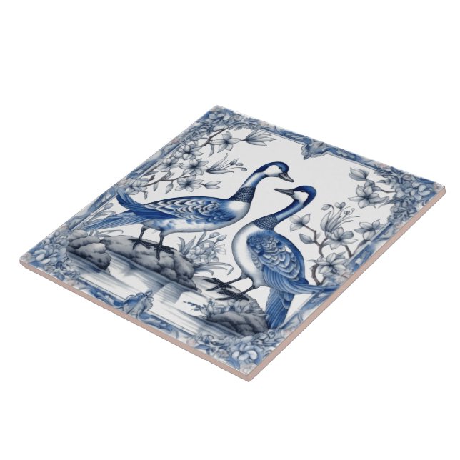 Intricate Rustic Indigo Azulejo Tiles With Ducks (Side)