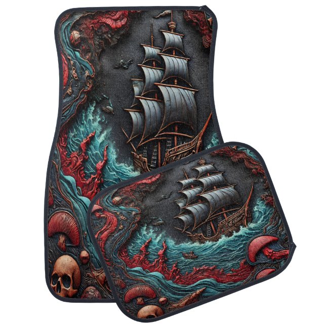 Intricate Ship Sailing Through Turbulent Waters Car Floor Mat (Set)